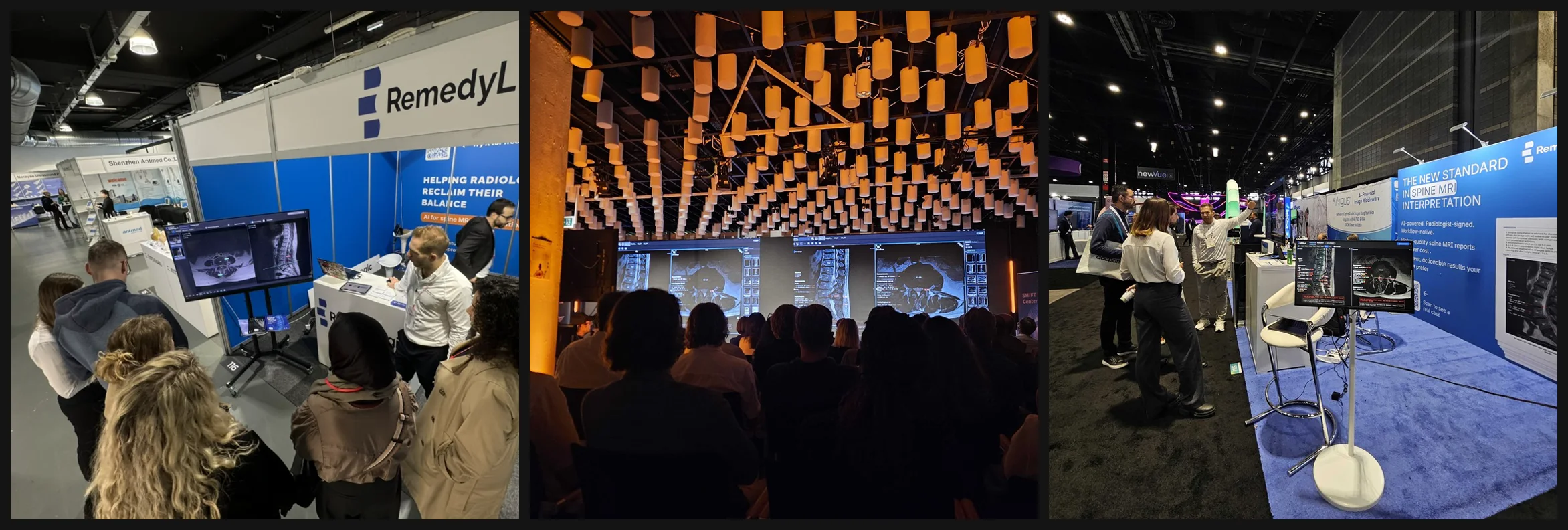 Three photographs from conference floors: an auditorium watching the overlay on stage screens, visitors around a stand monitor, and a stand where the drawing runs on two screens