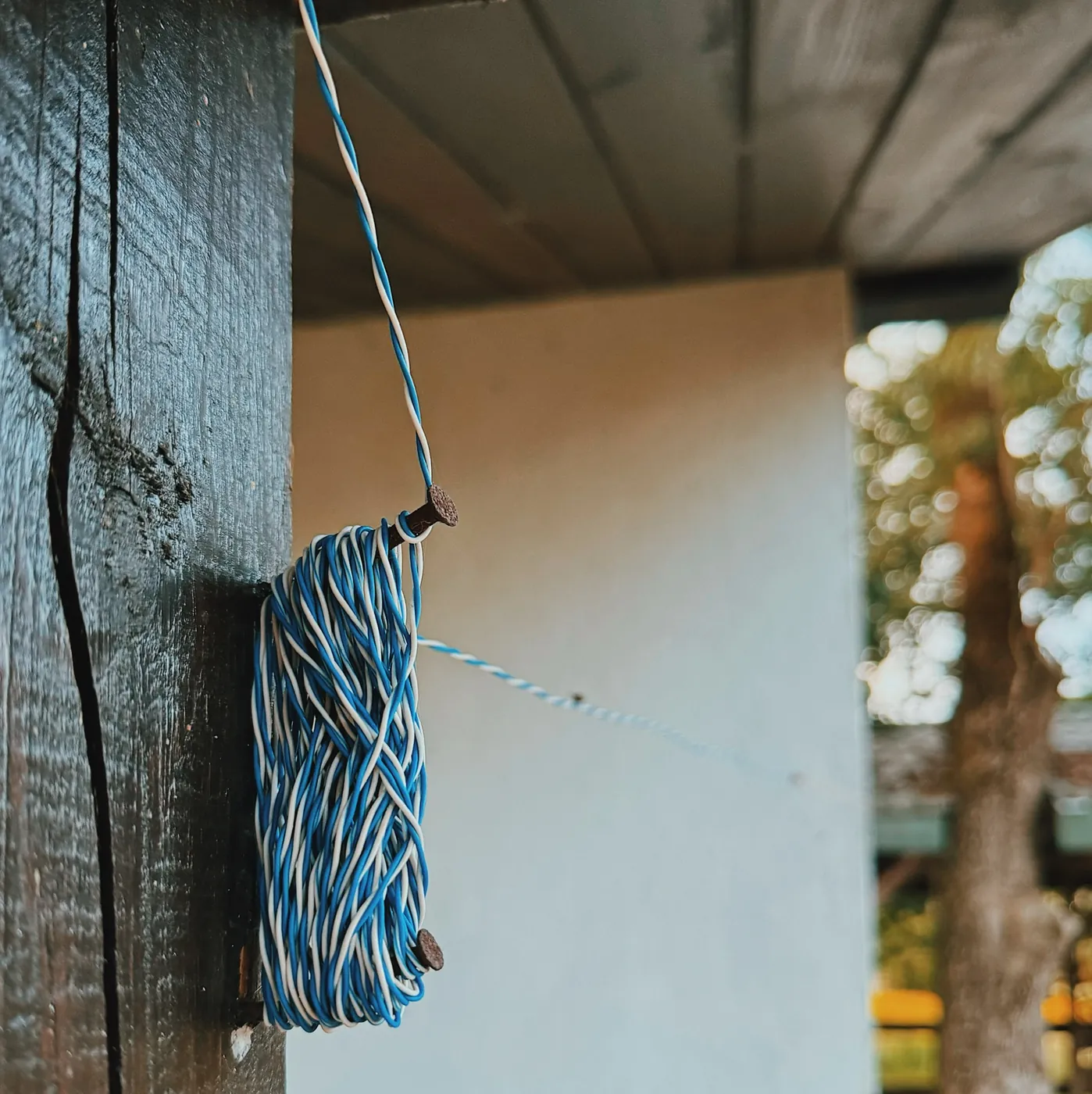 A coil of one blue-and-white twisted pair hung on two nails driven into a dark wooden post, one end running up out of the frame and another away to the right